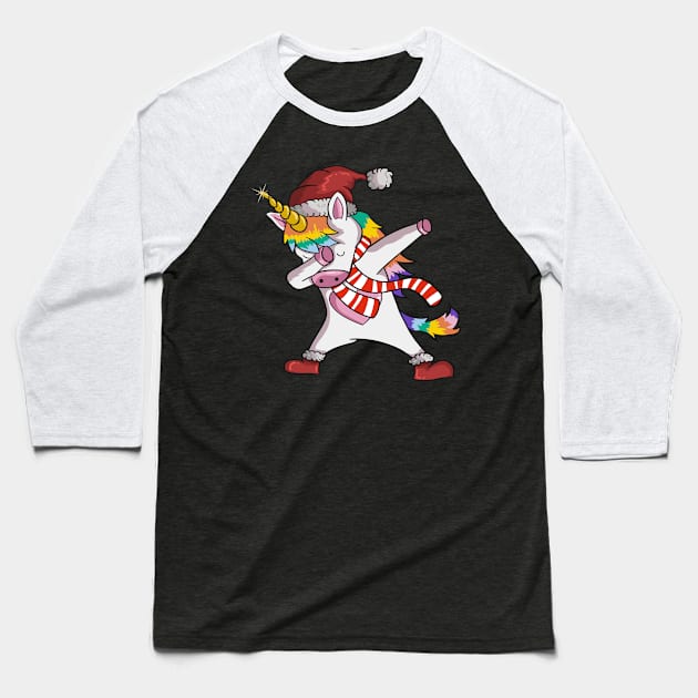 Unicorn Wearing Santa Hat, Showing Scarf And The Trendy Dab Dance Pose Of Rainbow Unicorns Baseball T-Shirt by mittievance